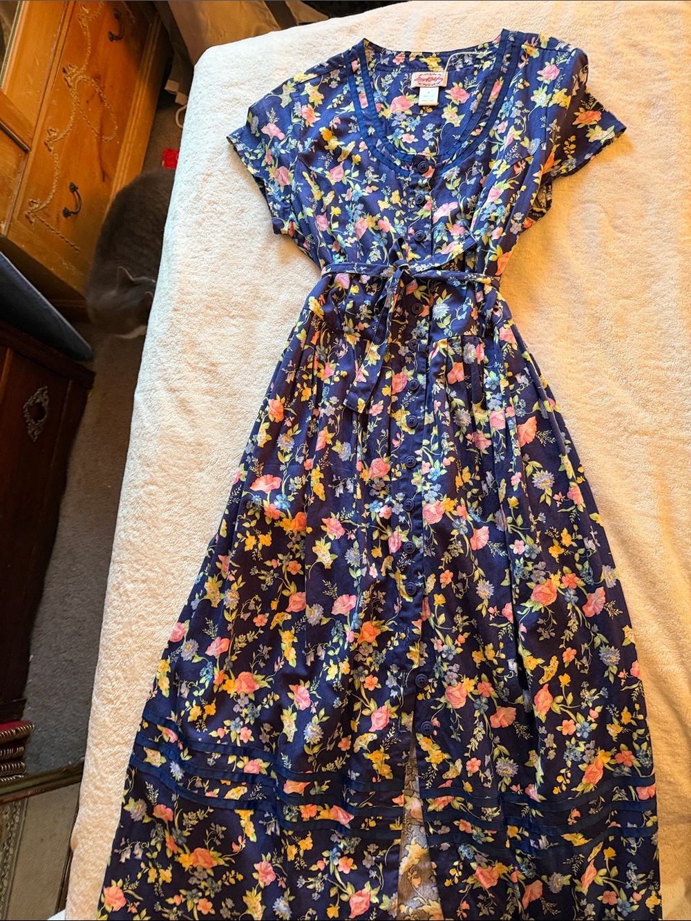 Floral Navy Belted Casual Women's Dress
